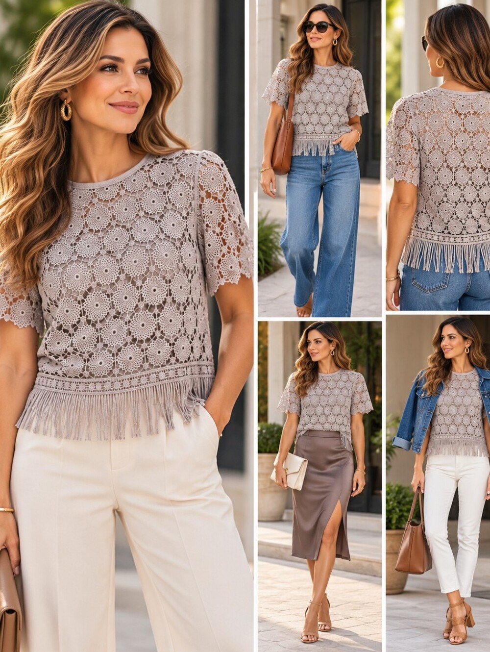 Ella Moss Gray Crochet Lace Fringe Top Size S
